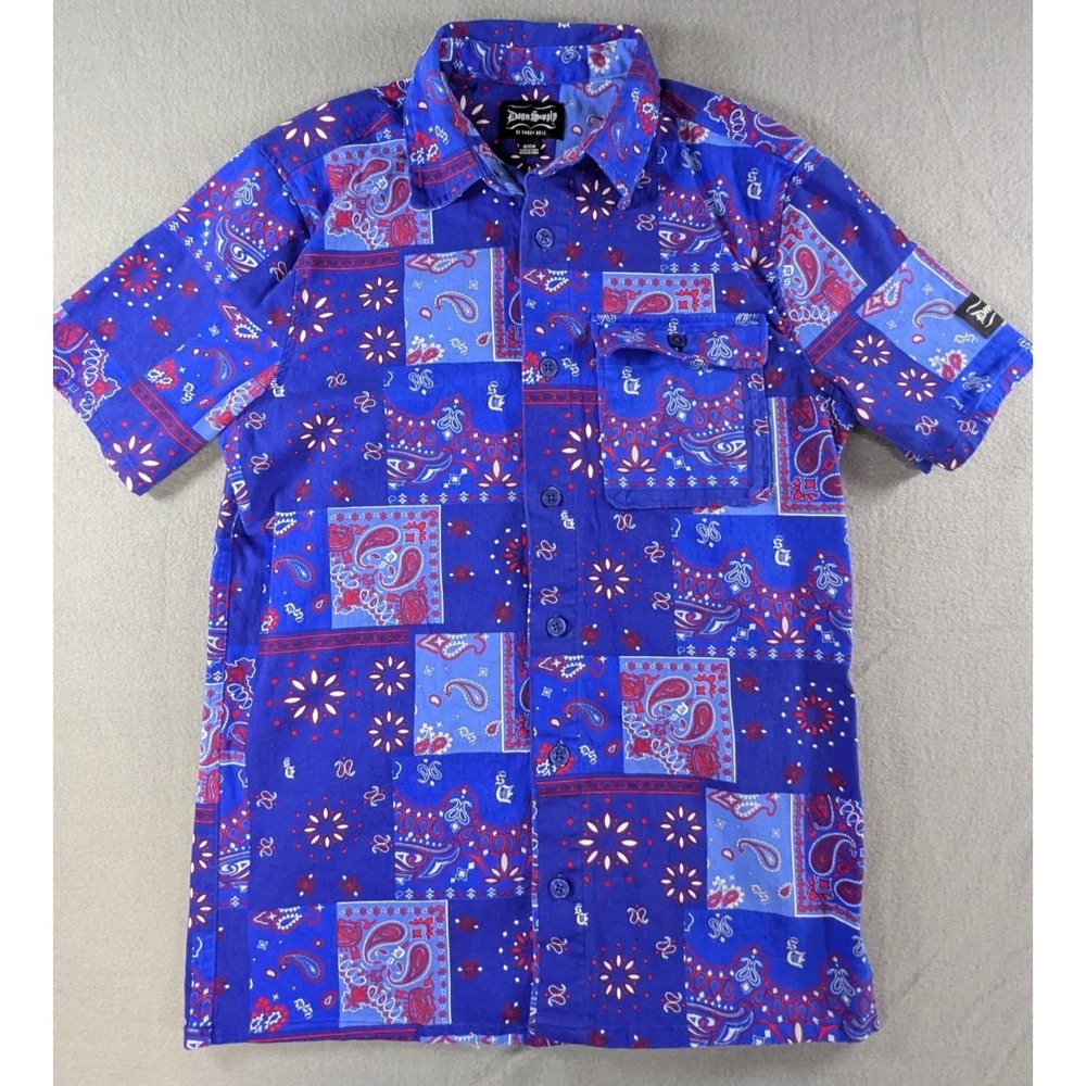 Snoop Dogg Dogg Supply Blue Bandana Paisley Patchwork Button Down Shirt S Small